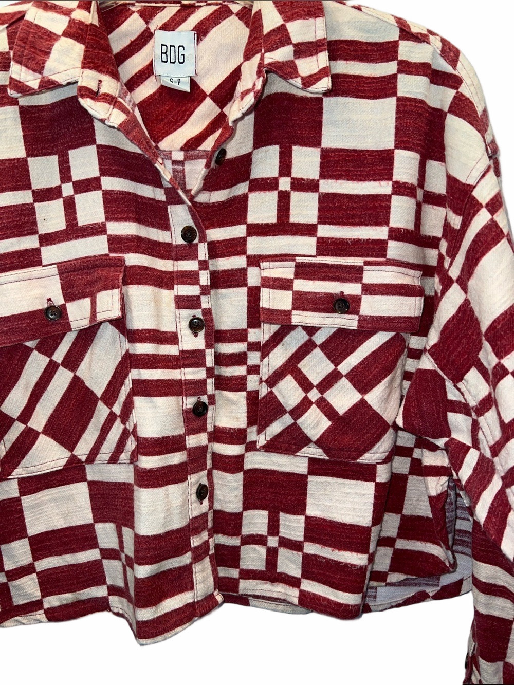 BDG Red and Cream Geometric Shacket, Size SP, (0033) - Picture 3 of 12